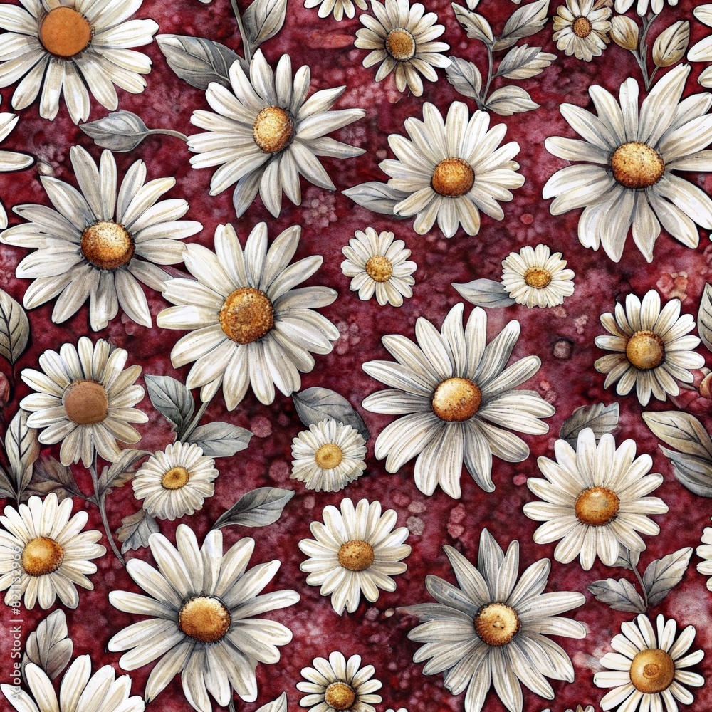Watercolor white daisy flower in seamless pattern on dark red background Watercolor white daisy flower in seamless pattern on dark red background