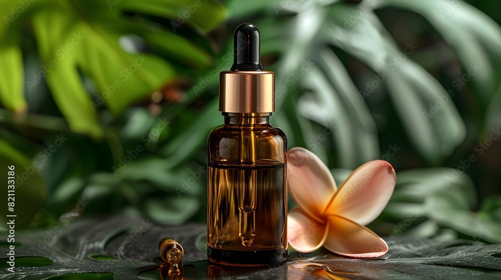 A bottle of oil with a flower on a table A bottle of oil with a flower on a table