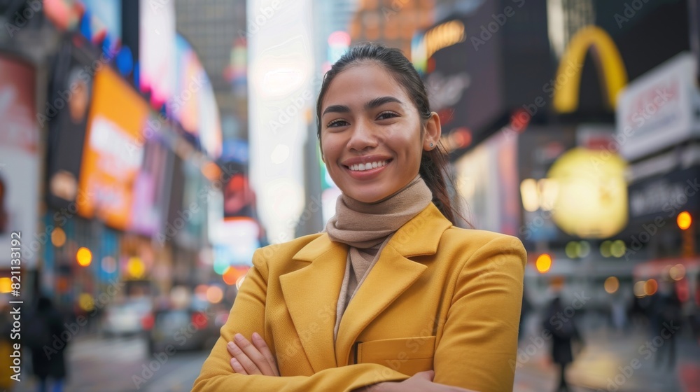 A beautiful, happy adult businesswoman smiling and posing on a large street in the financial district. Spectacular office buildings and billboards are in the background. A beautiful, happy adult businesswoman smiling and posing on a large street in the financial district. Spectacular office buildings and billboards are in the background.