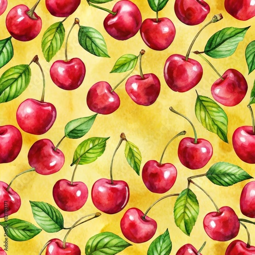 Watercolor cherry in seamless pattern on yellow background