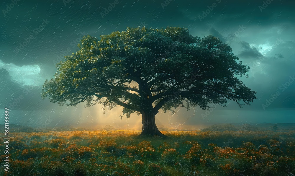A lone acacia tree standing against a savannah storm, front view, symbolizing resilience and survival, cybernetic tone, Triadic Color Scheme A lone acacia tree standing against a savannah storm, front view, symbolizing resilience and survival, cybernetic tone, Triadic Color Scheme