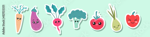 Set of cute vegetables stickers. Kids graphic. Vector hand drawn illustration flat style kawaii funny cartoon broccoli, carrot, pepper, tomato, eggplant