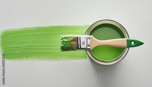 green paint can with stir stick and paintbrush with green stroke on resurface photo