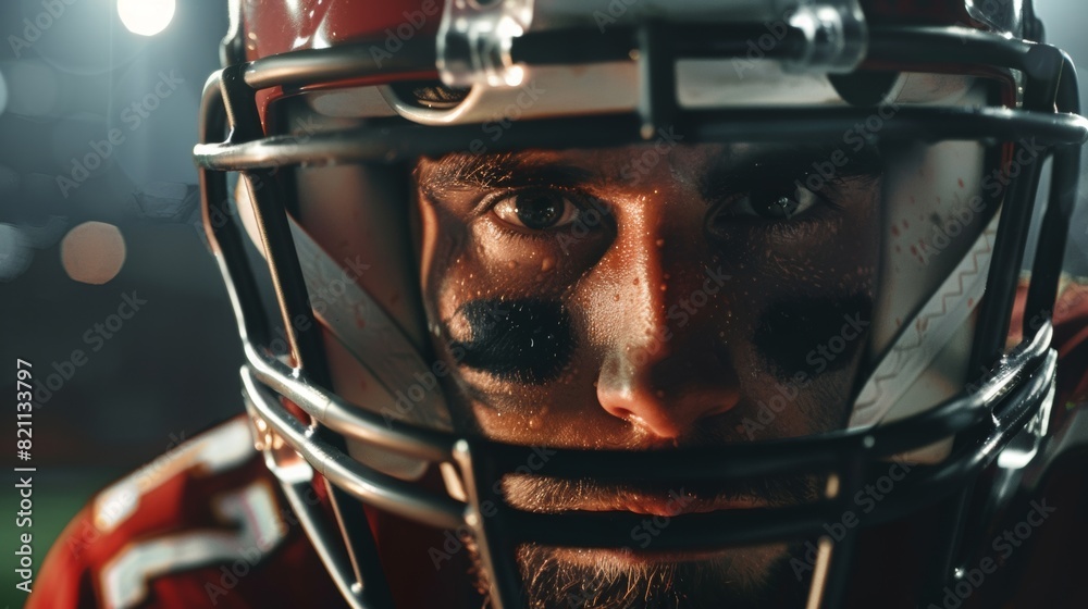 Fototapeta premium Professional football player seated while wearing helmet, turning around and looking into camera in a dramatic manner. Athlete determined to win championship game.