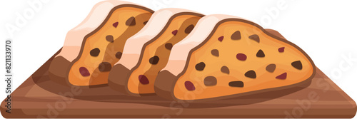 Illustration of freshly sliced bread with raisins on a cutting board, isolated on white