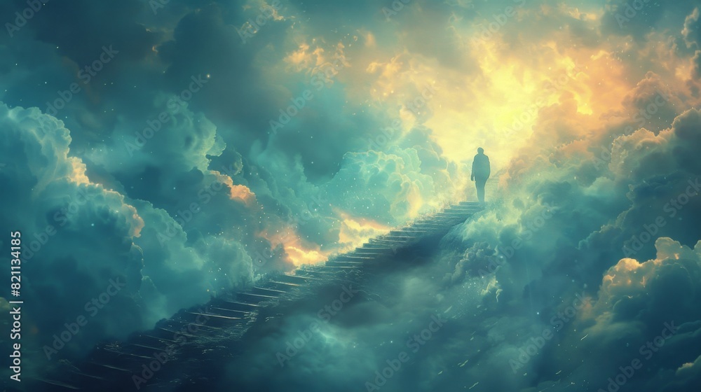 Fototapeta premium Surreal Scene of Person Climbing Floating Staircase in Clouds