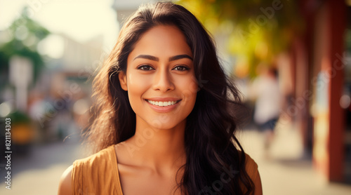 A indian beauty in her 20s is smiling while looking straight ahead. A face without makeup, 