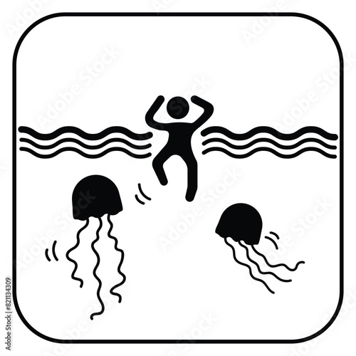 Beware of jellyfishes icon sign shadow silhouette illustration isolated on square white background. Simple flat drawing for poster prints and web icons.