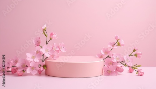 Elegant cherry blossoms adorn a pastel podium for product presentation against a pink backdrop © Анна Мальшакова