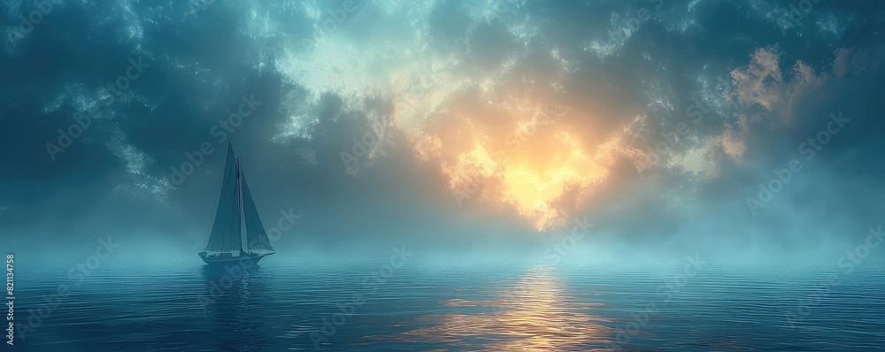 Fototapeta premium A lone sailboat navigating through misty ocean waters, side view, symbolizing adventure and exploration, scifi tone, Splitcomplementary color scheme