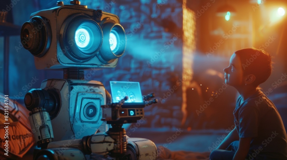 cinematic still, robot is showing video to a person with projector cinematic still, robot is showing video to a person with projector