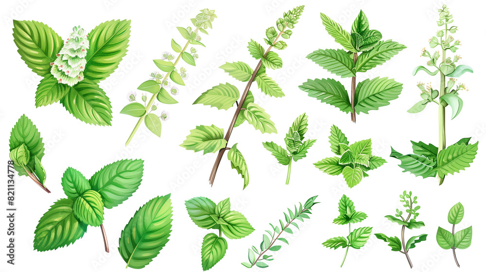 Set of mint elements, with vibrant green leaves, delicate flowers, and stem sections, used in both culinary and medicinal applications, Set of mint elements, with vibrant green leaves, delicate flowers, and stem sections, used in both culinary and medicinal applications,