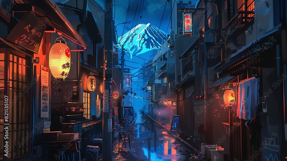 A serene, neon-lit alleyway of a traditional Japanese town with the majestic Mount Fuji in the background at night. A serene, neon-lit alleyway of a traditional Japanese town with the majestic Mount Fuji in the background at night.