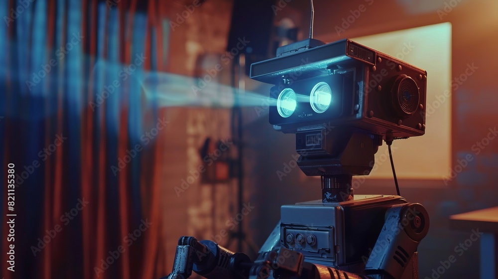 cinematic still, robot is showing video to a person with projector cinematic still, robot is showing video to a person with projector