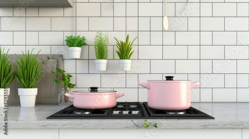 a modern kitchen boasting white cabinets  a black hood  and a ceramic hob  centered around an electric stove adorned with pink pots and pans  adding a pop of color