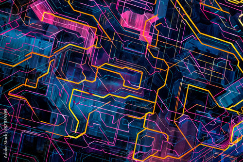 A circuitry-inspired pattern with neon-colored lines forming complex, geometric shapes against a dark background.