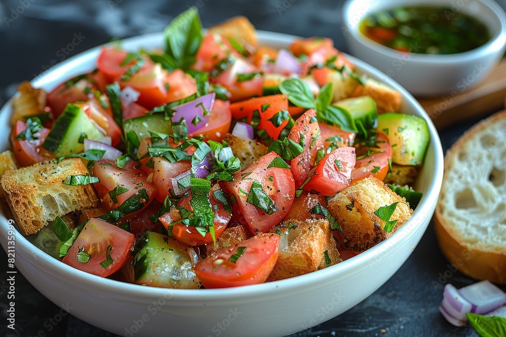 Panzanella Salad: A rustic bread salad with chunks of stale bread, tomatoes, cucumbers, red onions, and basil, dressed with olive oil and vinegar. Panzanella Salad: A rustic bread salad with chunks of stale bread, tomatoes, cucumbers, red onions, and basil, dressed with olive oil and vinegar.