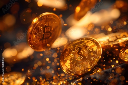 Gold bitcoins raining from the sky in a close-up view photo