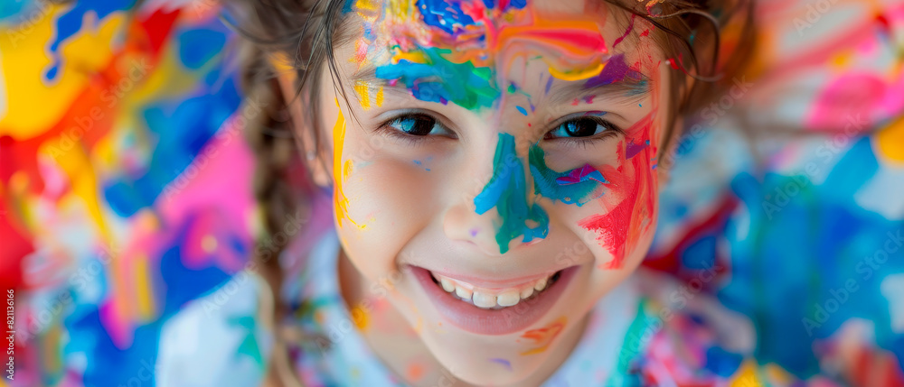 Obraz premium A close up beautiful young girl with colorful face paint smiling