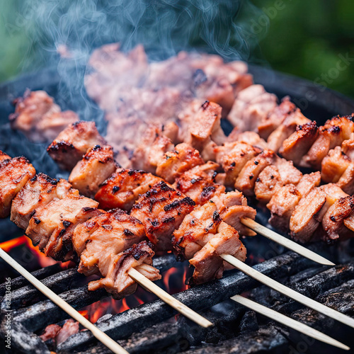 The aromatic juicy shish kebab is cooked in the open air on the grill. kebabs lie over the coals and there is steam