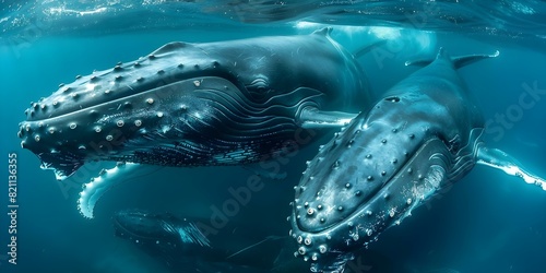 Vivid picture of humpback whales covered in barnacles vanishing into the deep. Concept Marine Life, Humpback Whales, Barnacles, Deep Ocean, Vivid Imagery photo