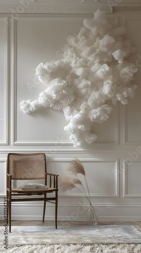 Chair in front of a wall with a large cloud of feathers