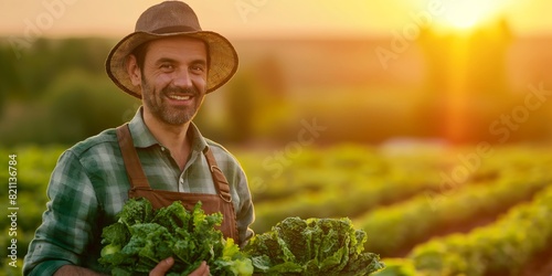 Proud farmer holding bunches of kale in a beautiful field at sunset