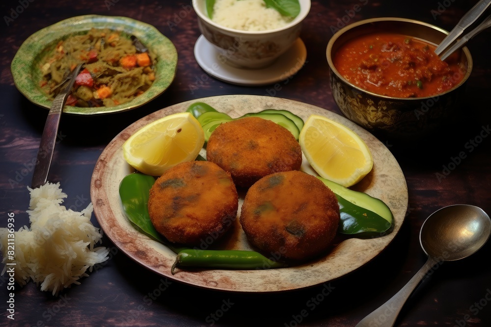 A table featuring plates of Bengali style Alor Chop food and bowls of sauce ready to be enjoyed. Generative AI