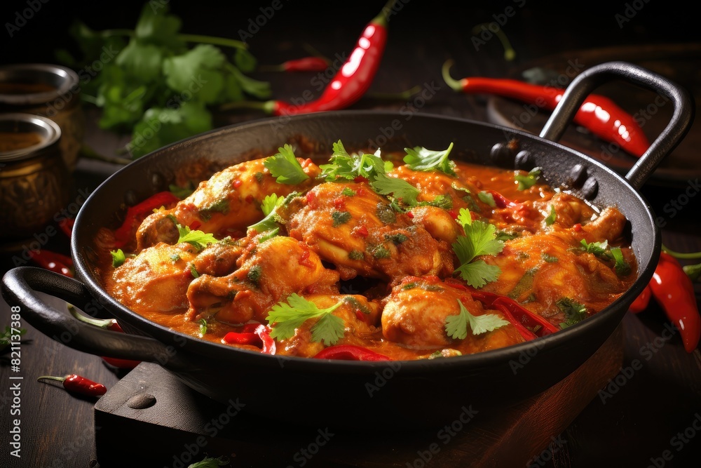 A skillet holding a generous portion of mouthwatering chicken curry, topped with fresh cilantro leaves. Generative AI A skillet holding a generous portion of mouthwatering chicken curry, topped with fresh cilantro leaves. Generative AI