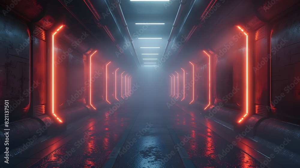 A dark hallway illuminated by neon lights with a slick surface A dark hallway illuminated by neon lights with a slick surface