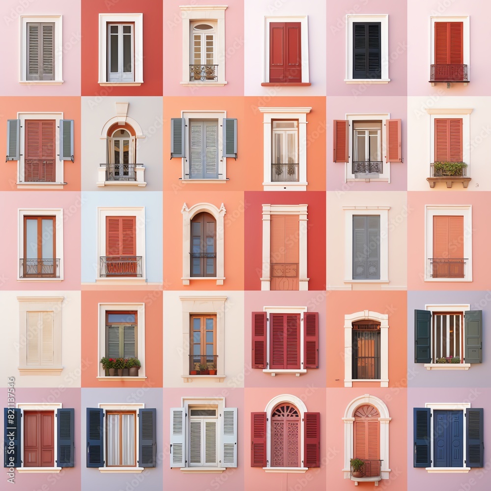 Colorful collage of various unique windows with shutters against pastel backgrounds. Architectural details showcasing vibrant window designs. Colorful collage of various unique windows with shutters against pastel backgrounds. Architectural details showcasing vibrant window designs.