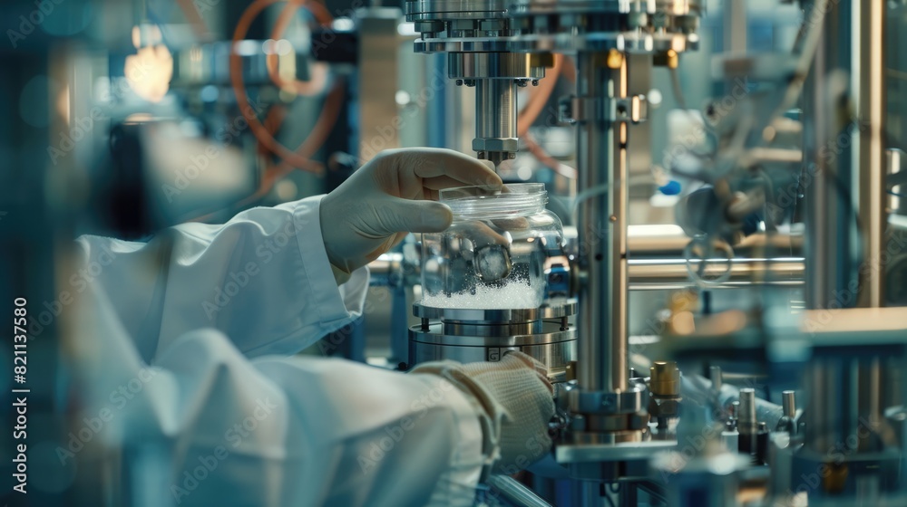Close-up on a scientist's hand managing a carbon capture device, representing the forefront of technological advancements in environmental protection. Carbon footprint reduction technology Close-up on a scientist's hand managing a carbon capture device, representing the forefront of technological advancements in environmental protection. Carbon footprint reduction technology
