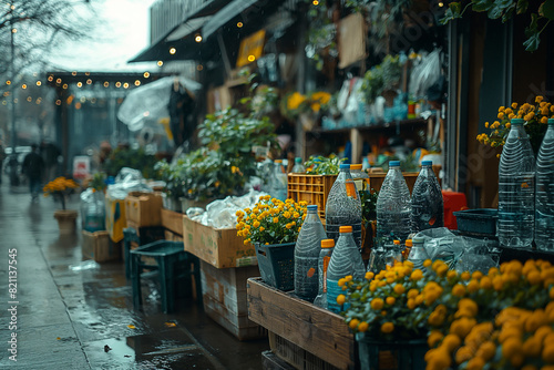 A montage of various household items being thrown away, highlighting the disposable nature of modern consumer goods.Flowers lined up on sidewalk in front of flower shop photo