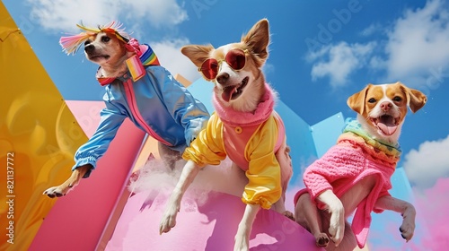 Stylish Trio of Dogs in High-Fashion Outfits, Generative AI © RojOct