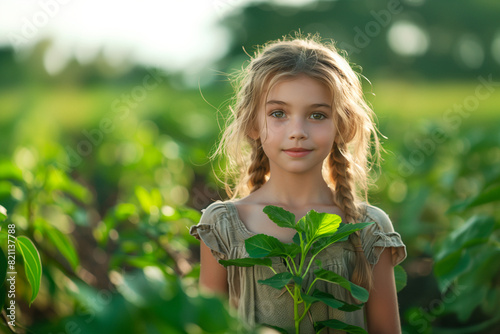 A school program teaching students about sustainable living practices and encouraging them to implement eco-friendly initiatives in their homes and communities.A young girl stands in a meadow