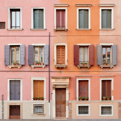 Colorful facade of a residential building with multiple windows, shutters, and flower boxes, displaying a charming urban architectural style.