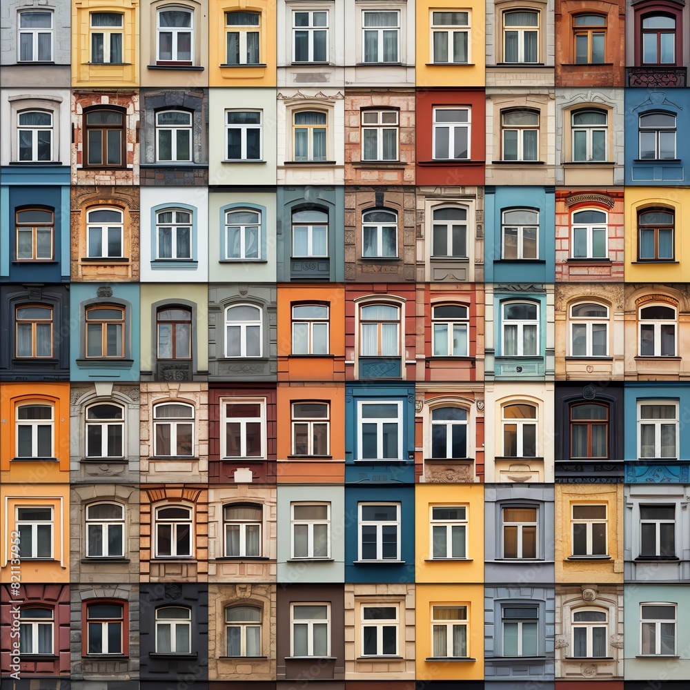 Colorful facade of urban apartment buildings with various windows representing architectural diversity and vibrant city life. Colorful facade of urban apartment buildings with various windows representing architectural diversity and vibrant city life.