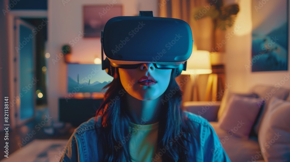 Female creative wears a virtual reality headset at home. She enters the digital internet 3D universe with avatars of other people. Metaverse metaverse online social media platform for the next Female creative wears a virtual reality headset at home. She enters the digital internet 3D universe with avatars of other people. Metaverse metaverse online social media platform for the next