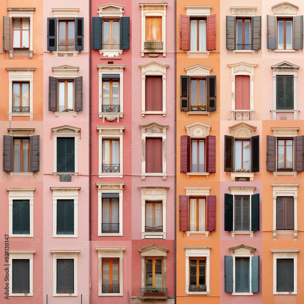 Colorful facade with multiple windows and shutters in a Mediterranean architectural style, showcasing urban housing aesthetics. Colorful facade with multiple windows and shutters in a Mediterranean architectural style, showcasing urban housing aesthetics.