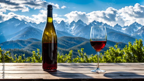 A luxurious bottle of wine on a wooden table, with beautiful mountain peaks, blue sky, and white clouds in the distance, and rural scenery, full of design and luxury, used for product display