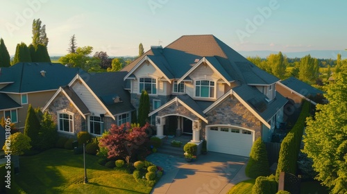 View from an elevated position of a big residential home in a suburban area with a clean blue sky. Focus on the roof of the house. Pictures taken on a scenic day with clean blue skies.