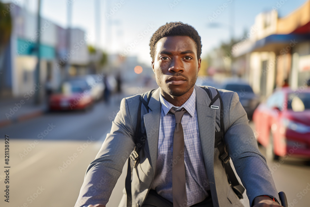 A beautiful young adult of South-Africanformal man riding his bicycle to work, a frontside portrait of a guy commuting on a bicycle on a sunny day in an urban street at sunset