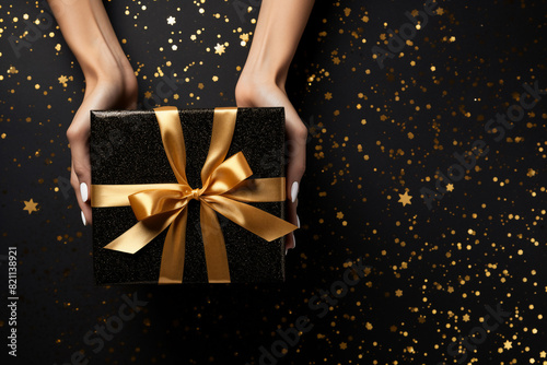 romantic black and gold background with woman hands holding a wrapped gift box seen from above for a birthday