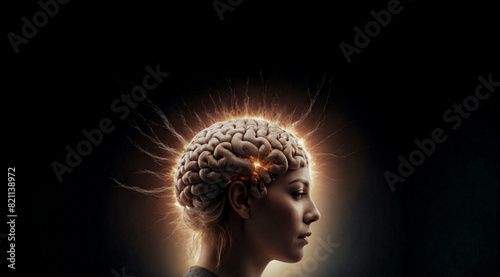 A woman's head is lit up with bright lights, giving the impression of a brain on fire