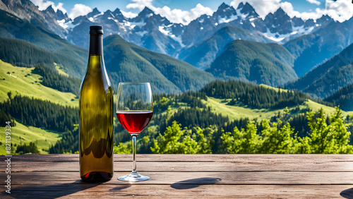 A luxurious bottle of wine on a wooden table  with beautiful mountain peaks  blue sky  and white clouds in the distance  and rural scenery  full of design and luxury  used for product display