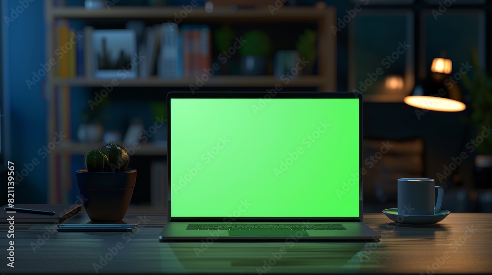 This mock-up monitor shows a laptop computer with a green screen display on a desk. Effortlessly minimalistic design of modern office space that embraces harmony and productivity.