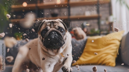 Pug dog running away after destroying flower by overturning it and making a mess all over the house. Couple sitting on couch looking shocked and frustrated. Cute silly puppy. photo