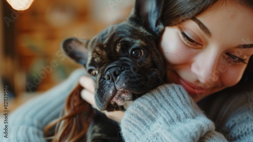 Stunning Woman Holding Adorable Little Pug at Home. Girl Plays with Her Dog, Beautiful Pedegree Best Friend. She Pets the Happy Pug and Scratches its Back, Have Fun With It at Home. photo