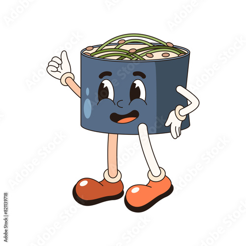 Vector kappa maki sushi or pop art cucumber roll. Cartoon smiling character of sea or ocean food in vintage or retro style. Comic book object of japan cuisine for sushi bar or restaurant. Eating theme