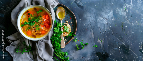 Bowl of soup with spoon and some fresh parsley on a table, copy space